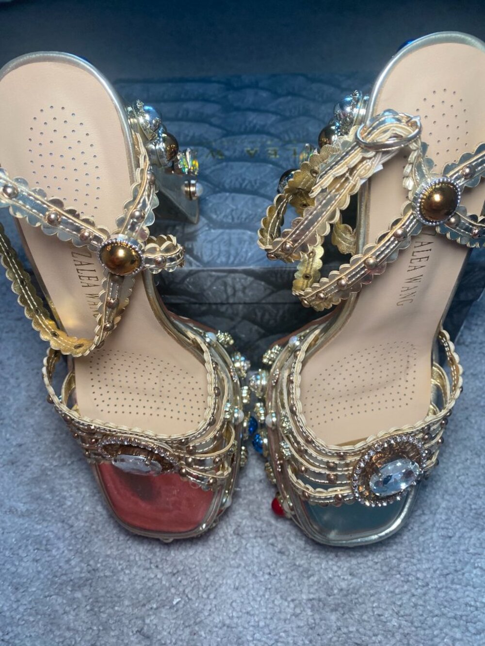 Azalea Wang Gold Jeweled Platform Heels Size 8 Embellished Rhinestone Sandals - Picture 8 of 9